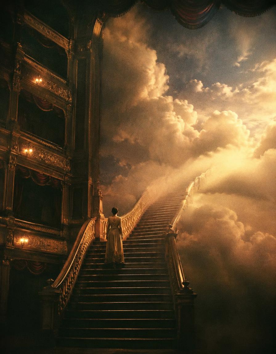 A staircase rising into clouds inside an old theatre